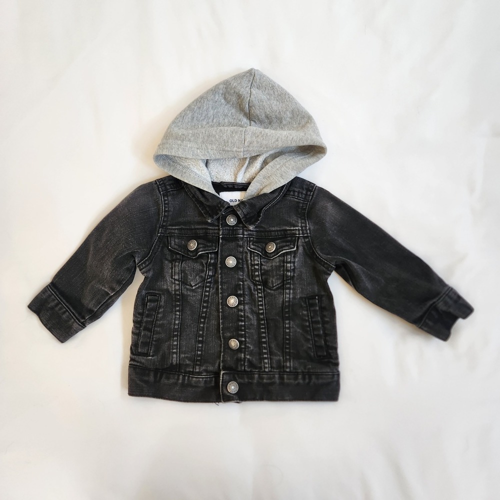 Old Navy Black Hooded Denim Snap Jacket, Kids 12-18 M, fall, toddler, streetwear